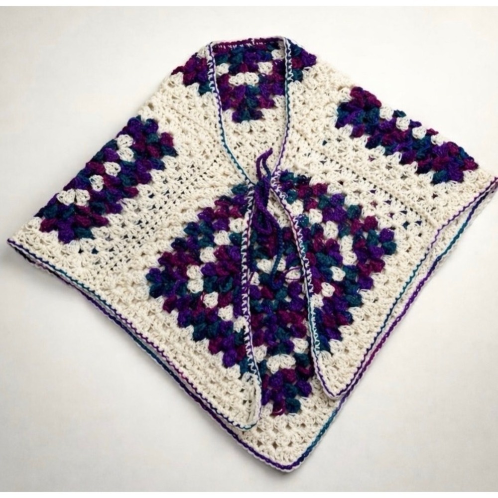 Vintage Crochet Granny Square Poncho Purple Teal Boho Cottagecore Fairycore Y2K